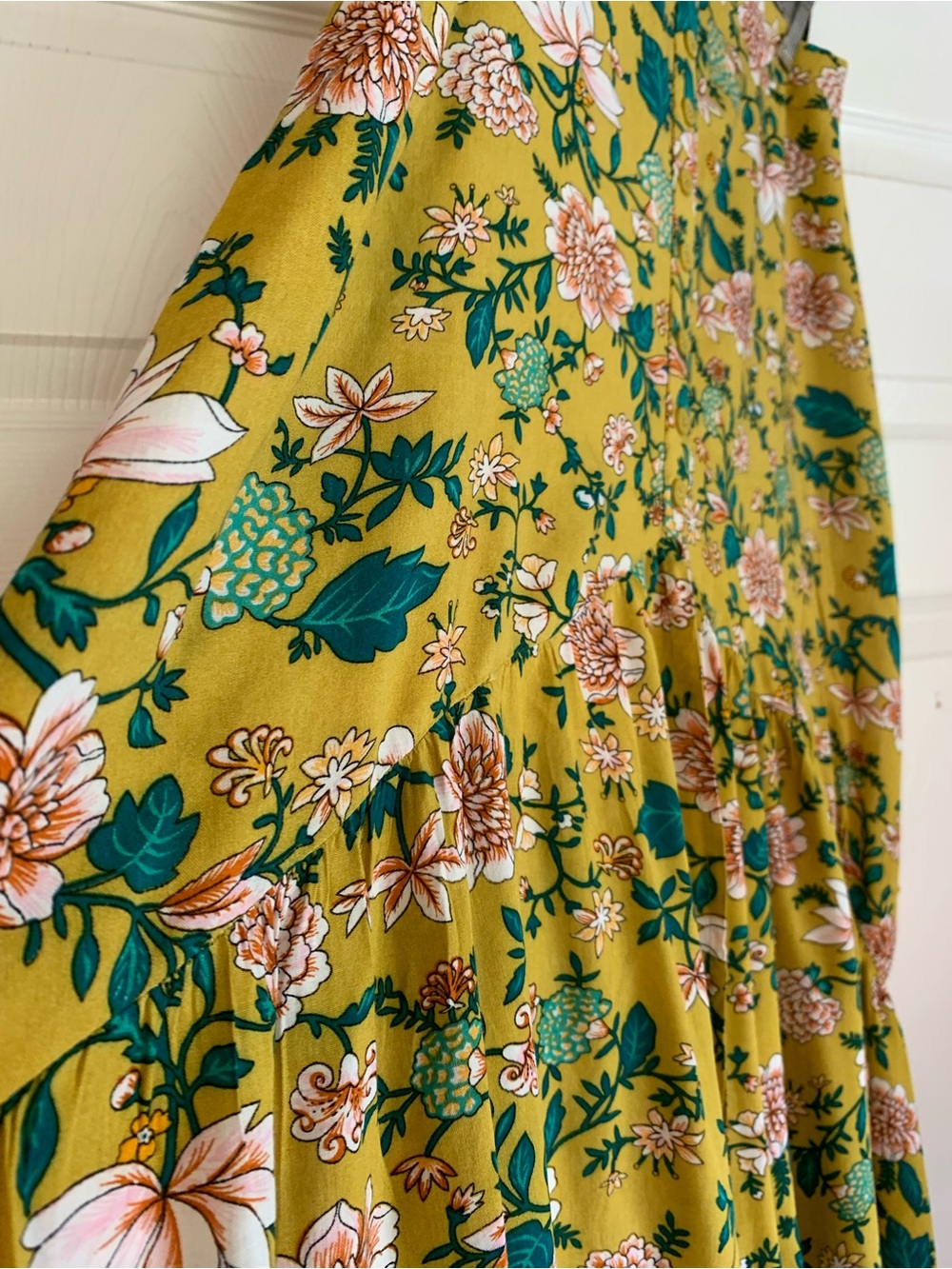 Floral A-Line Skirt in Mustard with Green and Pink Print
